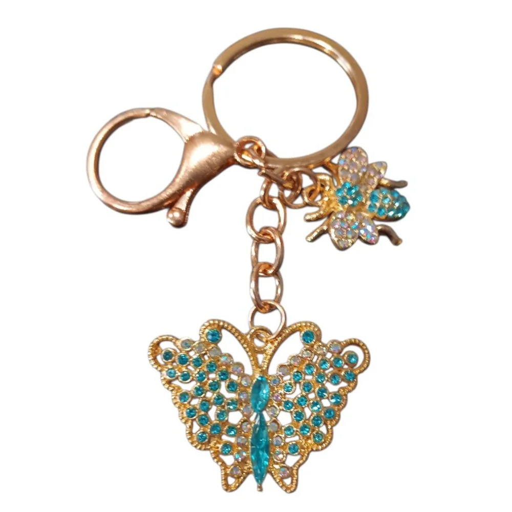 Beautiful Lt.Blue Rhinestone Butterfly Bumblebee Gold Tone Keychain Purse Charm